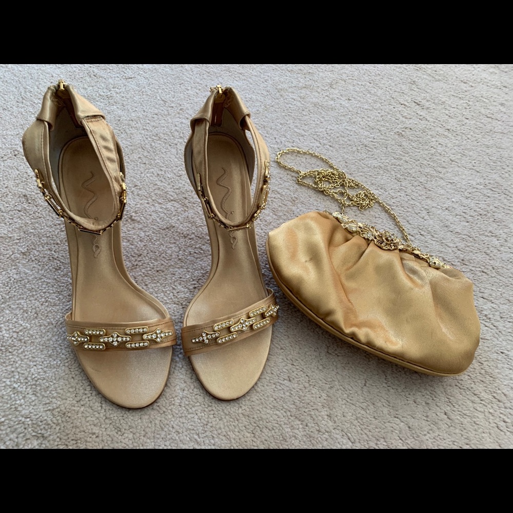 Formal Gold Satin and rhinestone heels size 7